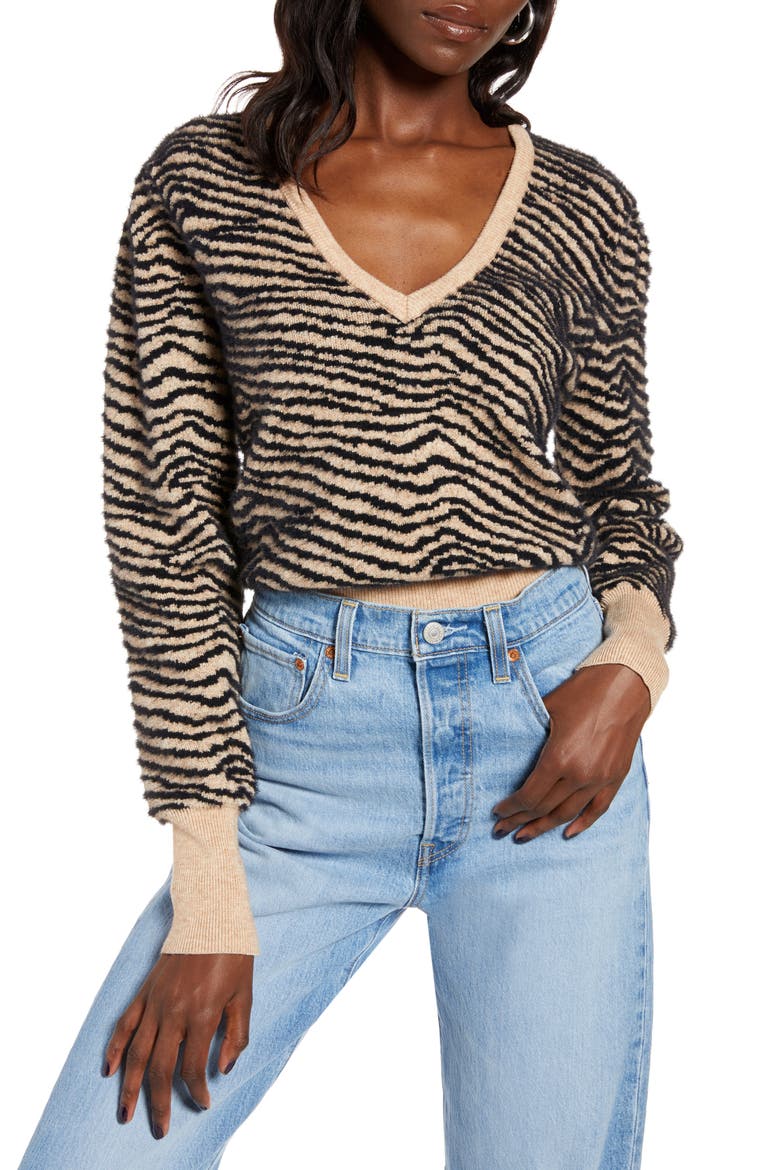 Tiger Stripe V-Neck Sweater, Main, color, TAUPE