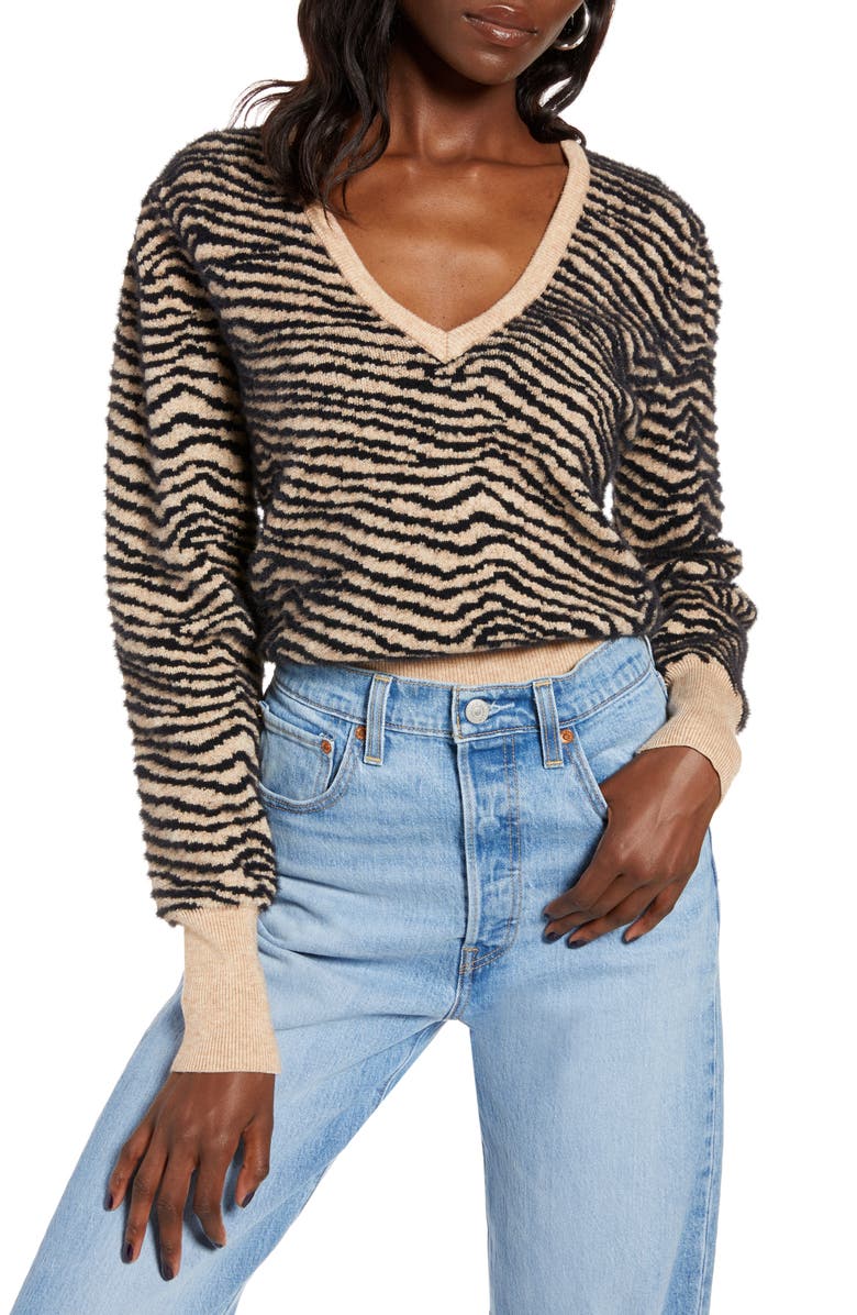 ASTR the Label Tiger Stripe V-Neck Sweater, Main, color,