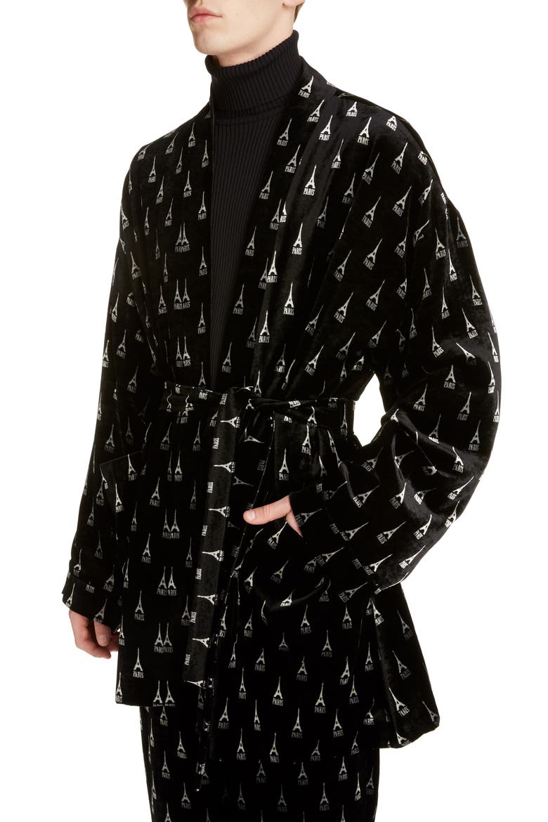 Eiffel Tower Velvet Pyjama Jacket, Alternate, color, BLACK