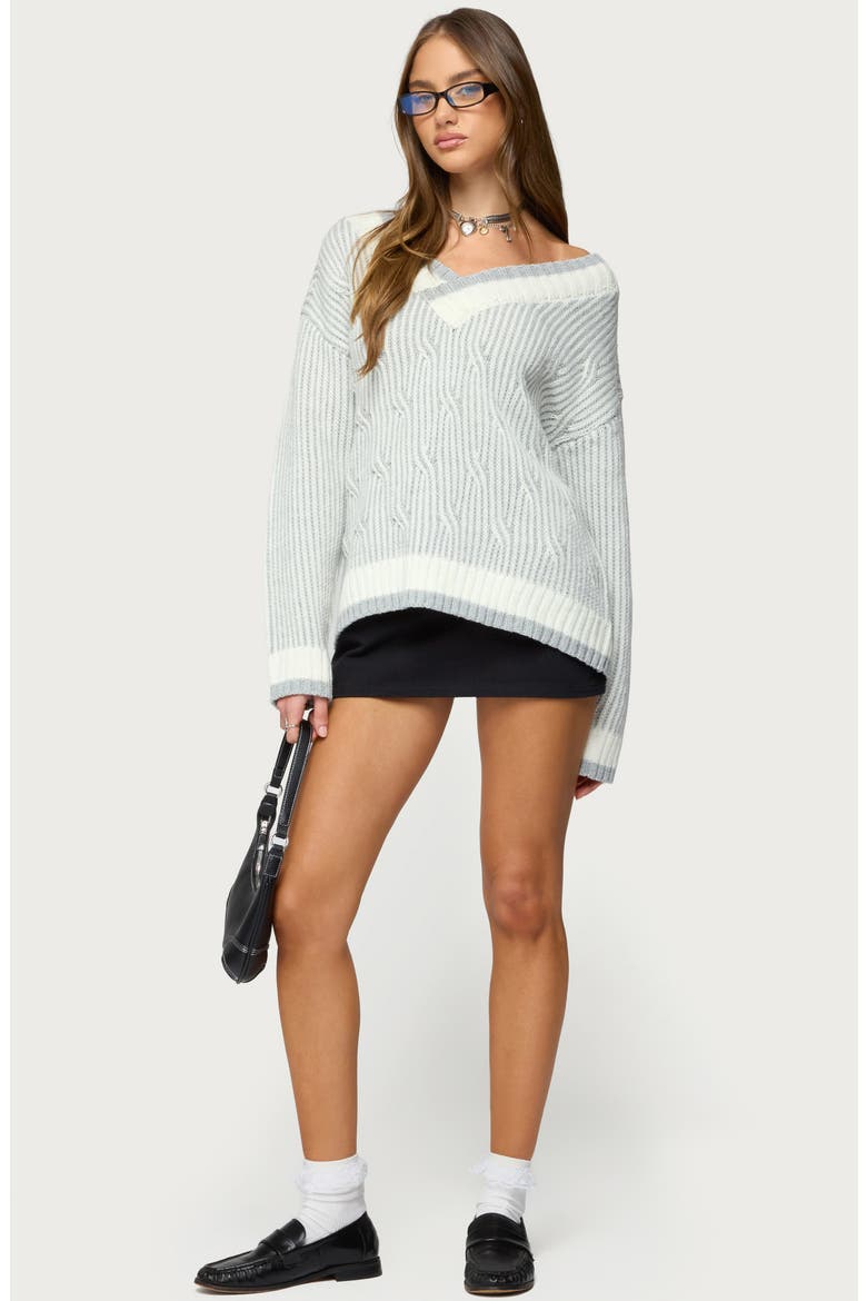 Lila Oversize Stripe Trim V-Neck Cable Sweater, Alternate, color, GRAY-MELANGE