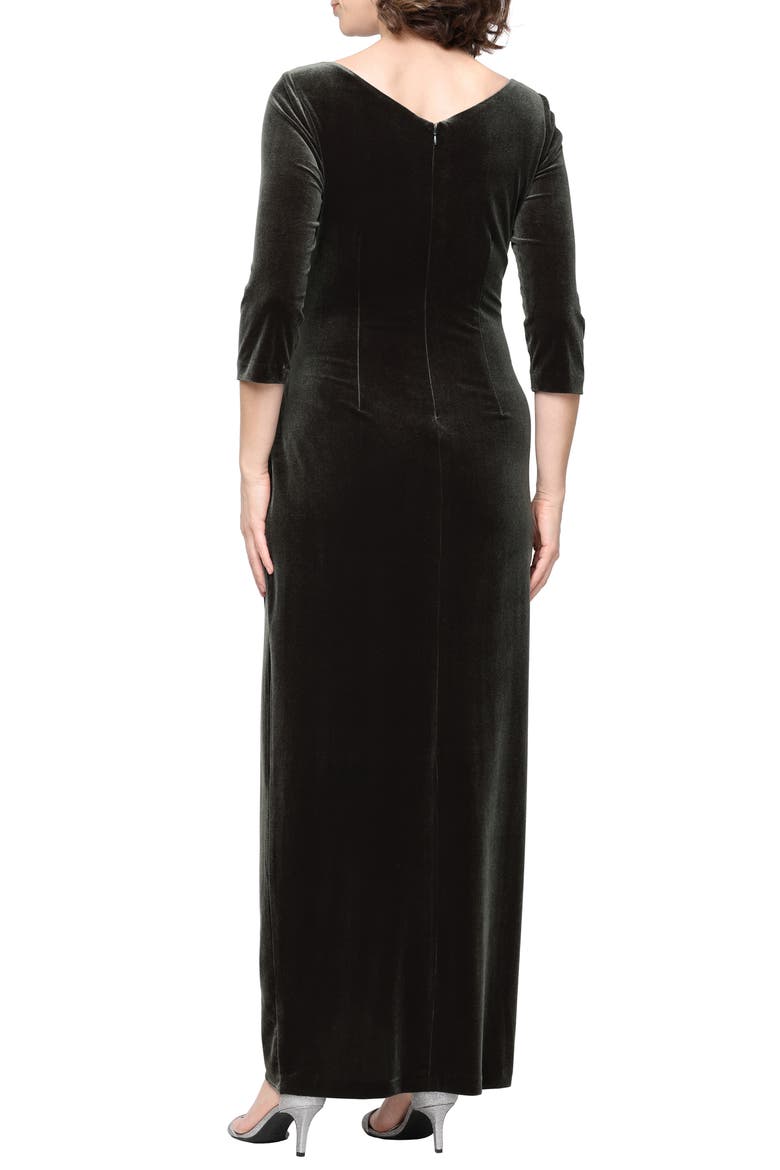 Ruched Three-Quarter Sleeve Velvet Gown, Alternate, color, OLIVE