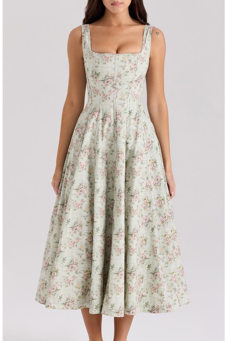 Mariabella Lace-Up Stretch Cotton Midi Dress, Alternate, color, VINTAGE FLORAL AND SAGE