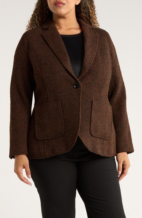 Universal Standard Kidjo Herringbone Tailored Wool Blend Jacket in Brown Herringbone/Black 