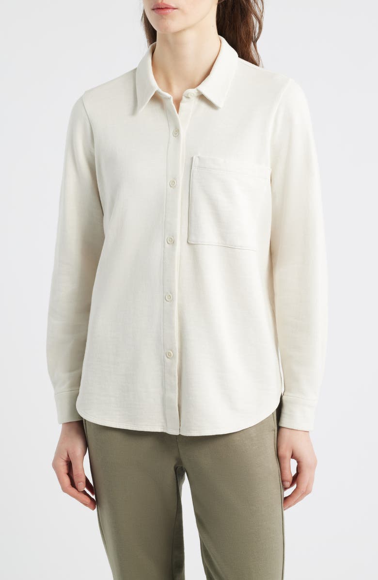 Eileen Fisher Classic Collar Organic Cotton French Terry Button-Up Shirt, Main, color, Bone