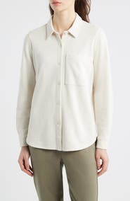 Eileen Fisher Classic Collar Organic Cotton French Terry Button-Up Shirt