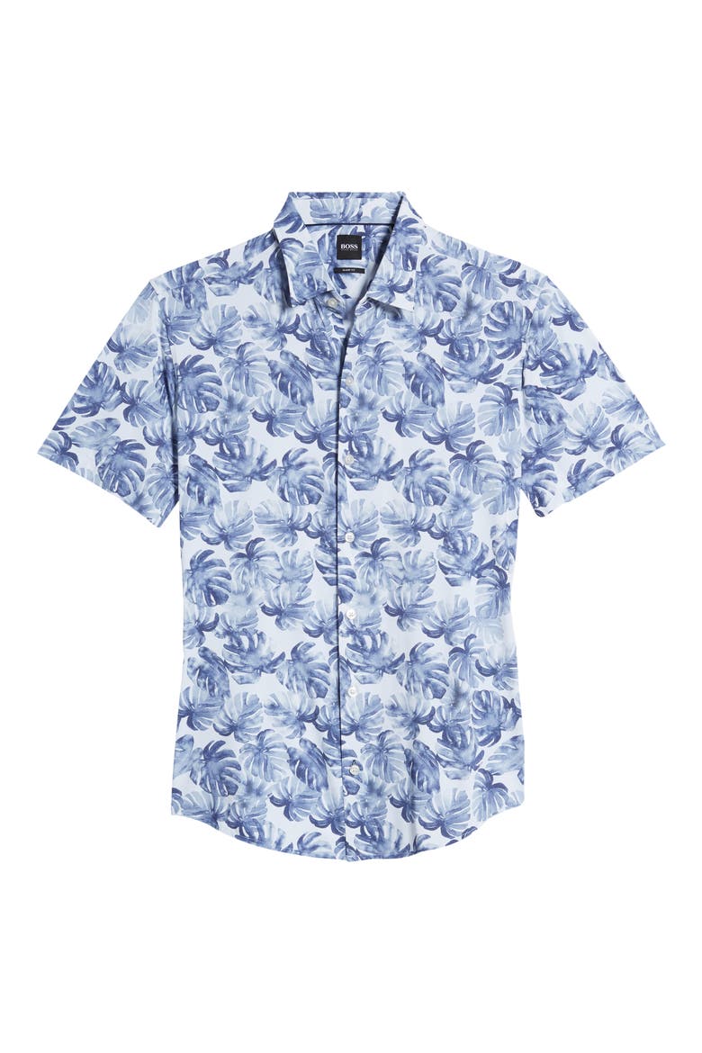 Robb Slim Fit Palm Print Short Sleeve Button-Up Performance Shirt, Alternate, color, NAVY