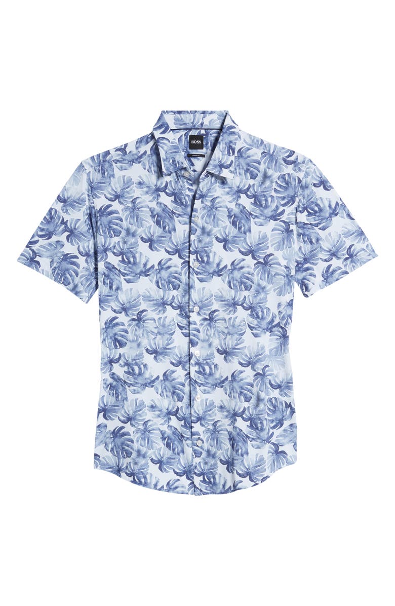 BOSS Robb Slim Fit Palm Print Short Sleeve Button-Up Performance Shirt, Alternate, color,