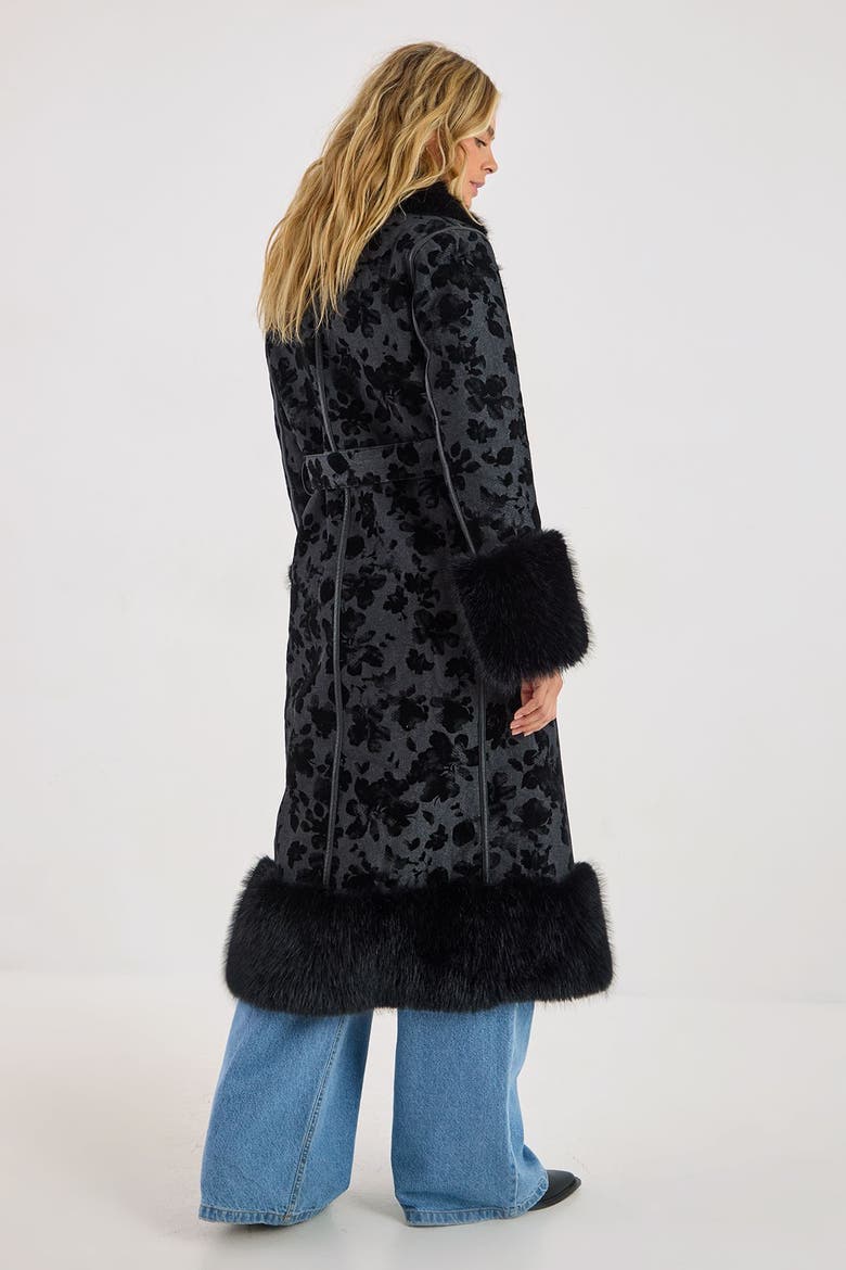 Faux Fur Floral Jacquard Coat, Alternate, color, Black