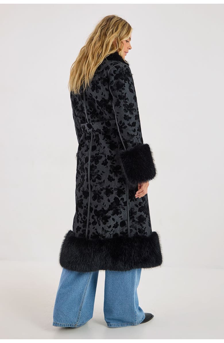 NASTY GAL Faux Fur Floral Jacquard Coat, Alternate, color, Black