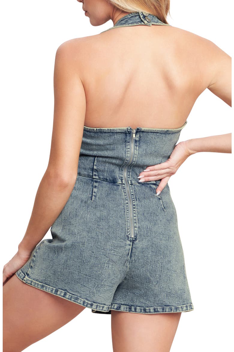 Plunge Neck Halter Denim Romper, Alternate, color, DENIM ACID
