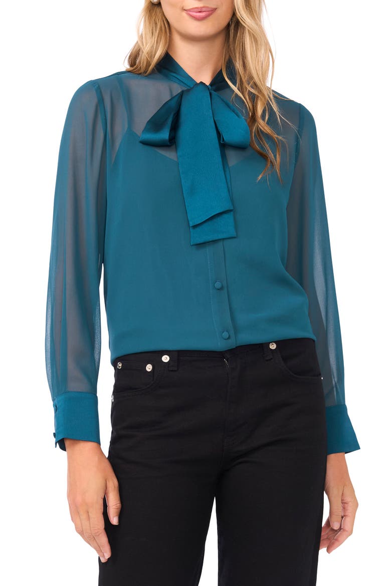 Pussybow Sheer Button-Up Shirt, Main, color, DEEP TEAL