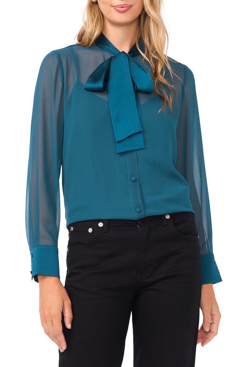 Vince Camuto Pussybow Sheer Button-Up Shirt, Main, color, Deep Teal