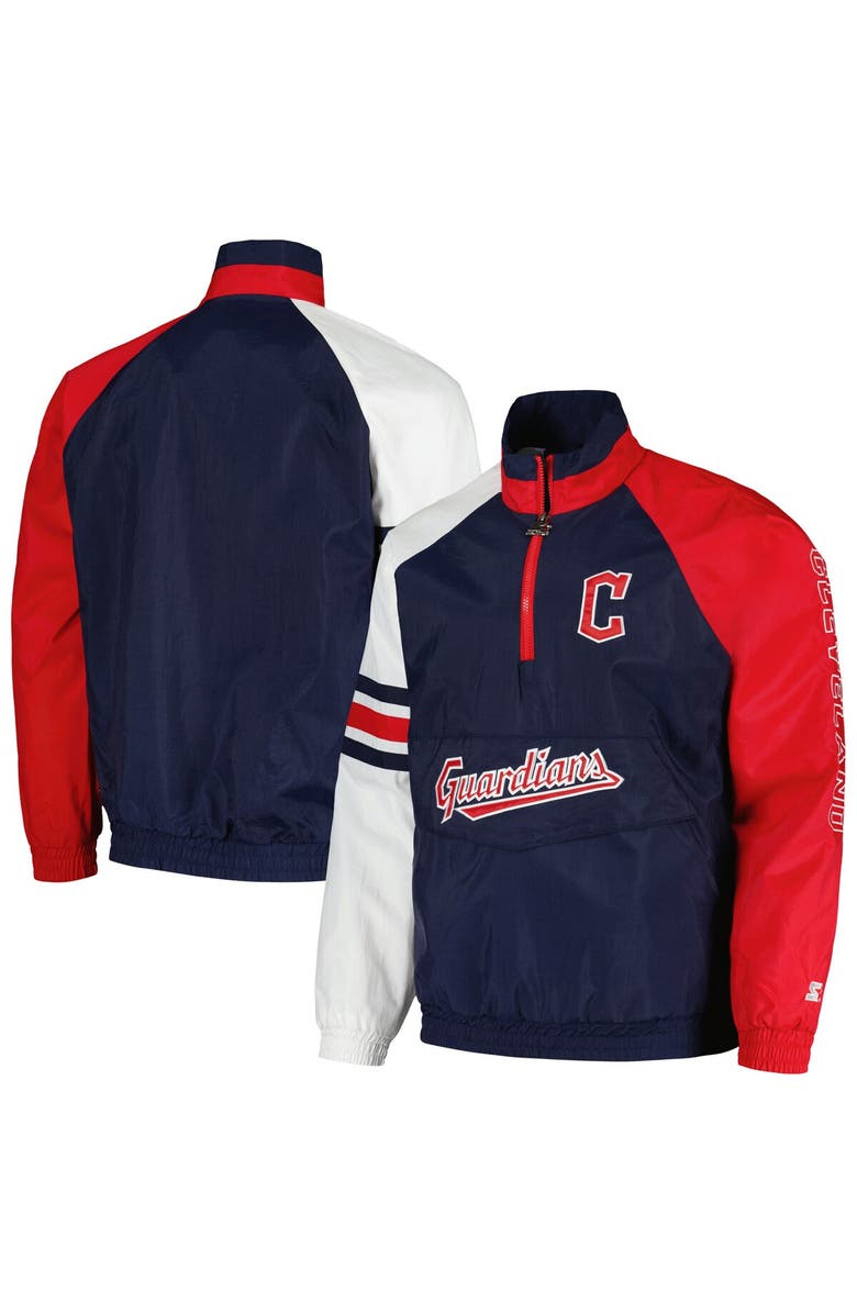 STARTER Men's Starter Navy/Red Cleveland Guardians Elite Raglan Half-Zip Jacket, Main, color, 