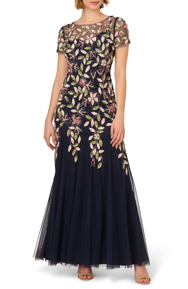 Adrianna Papell Vine Embellished Trumpet Gown, Main, color,