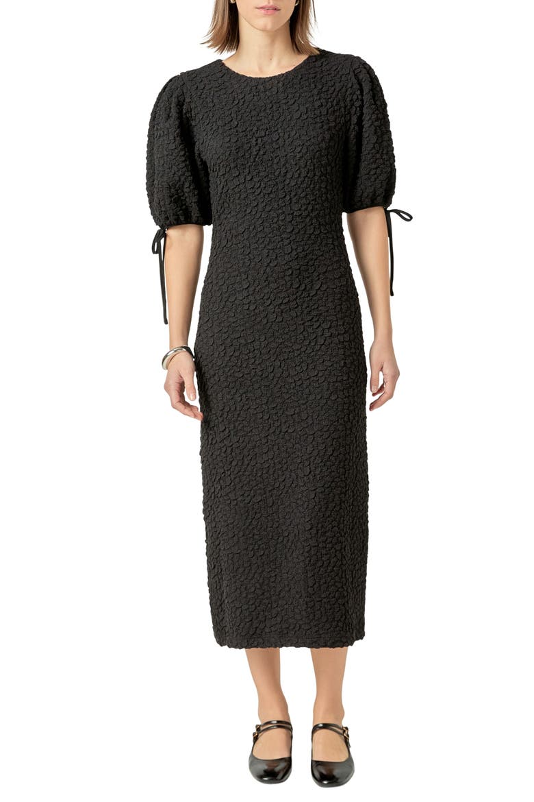 Textured Puff Sleeve Midi Dress, Main, color, BLACK