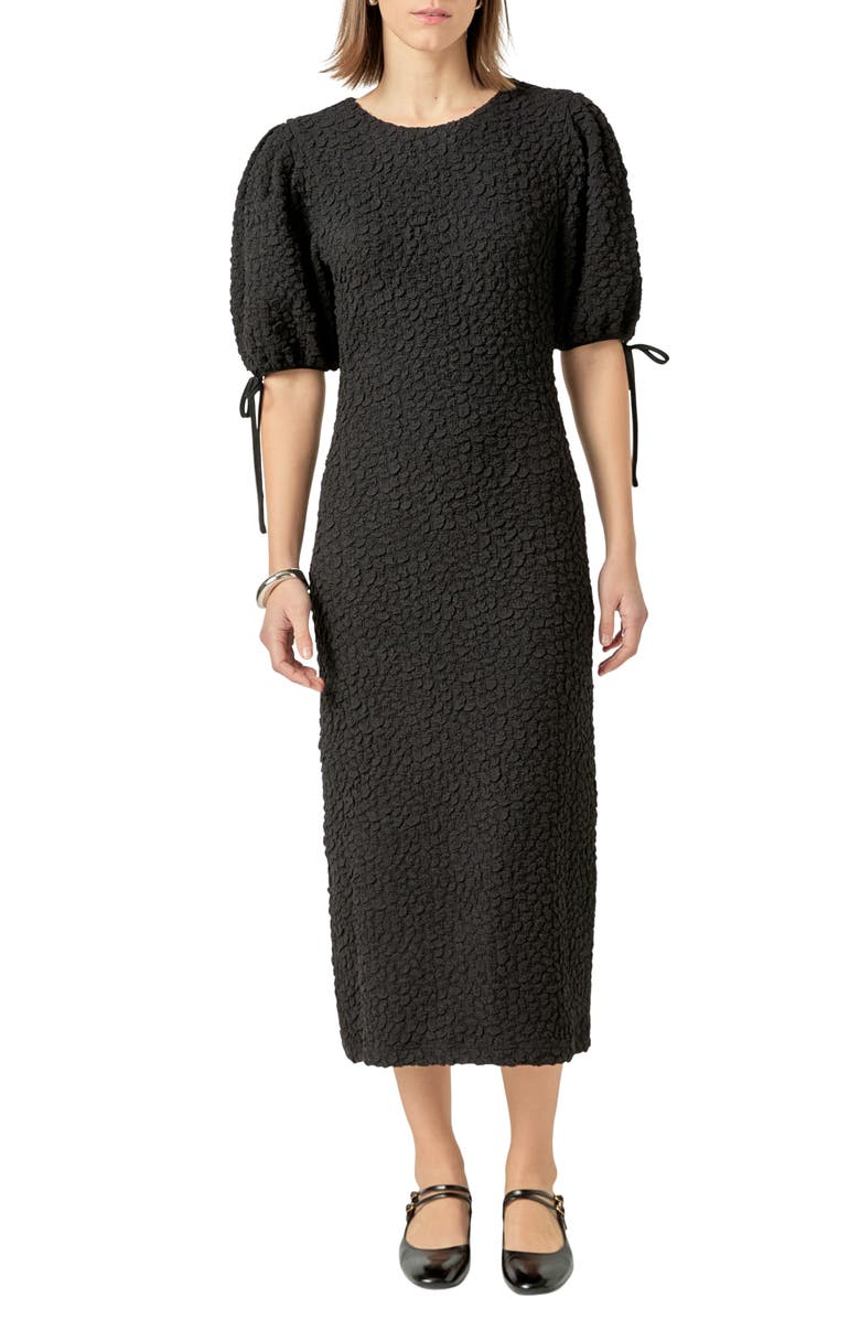 English Factory Textured Puff Sleeve Midi Dress, Main, color, Black