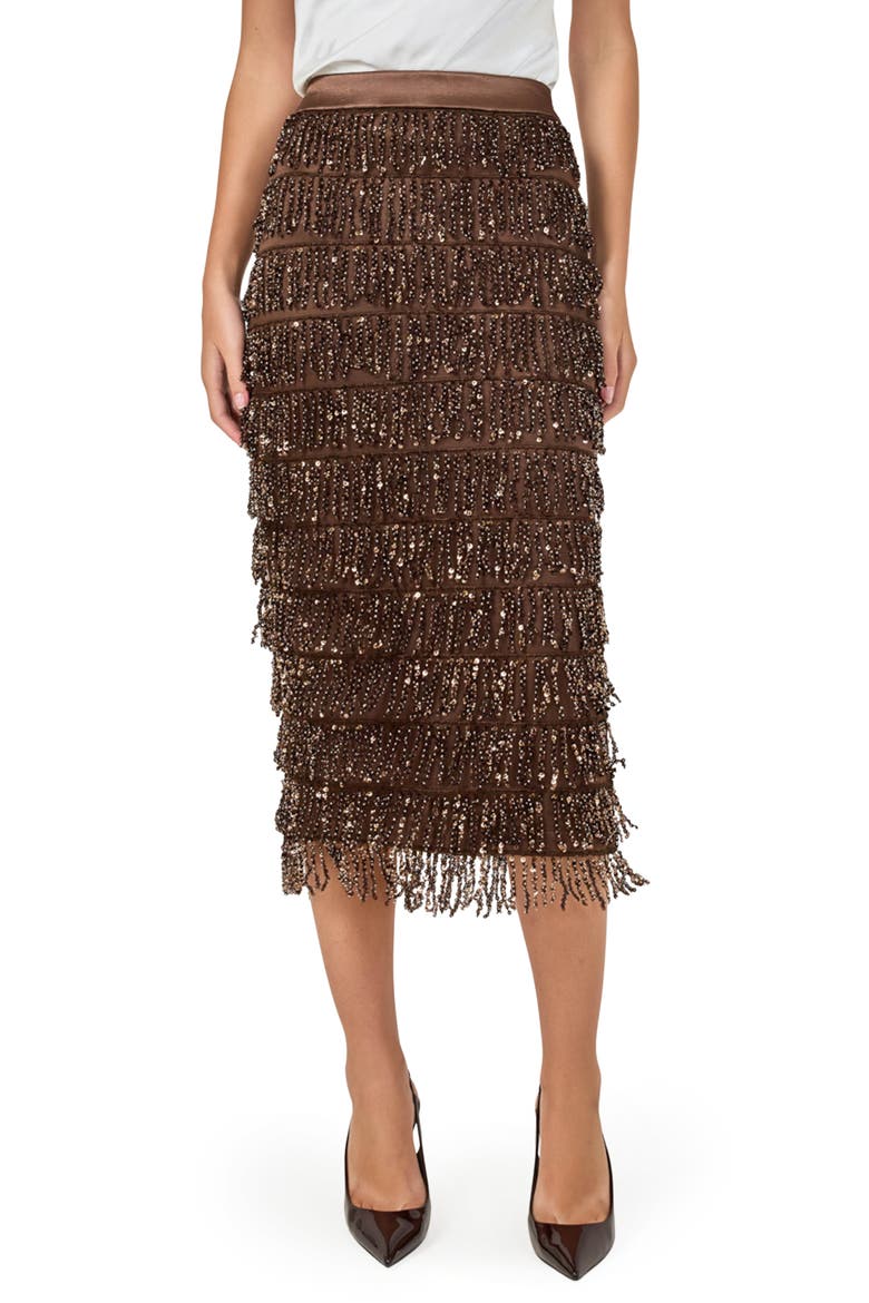 Sequin Tassel Midi Skirt, Main, color, BROWN