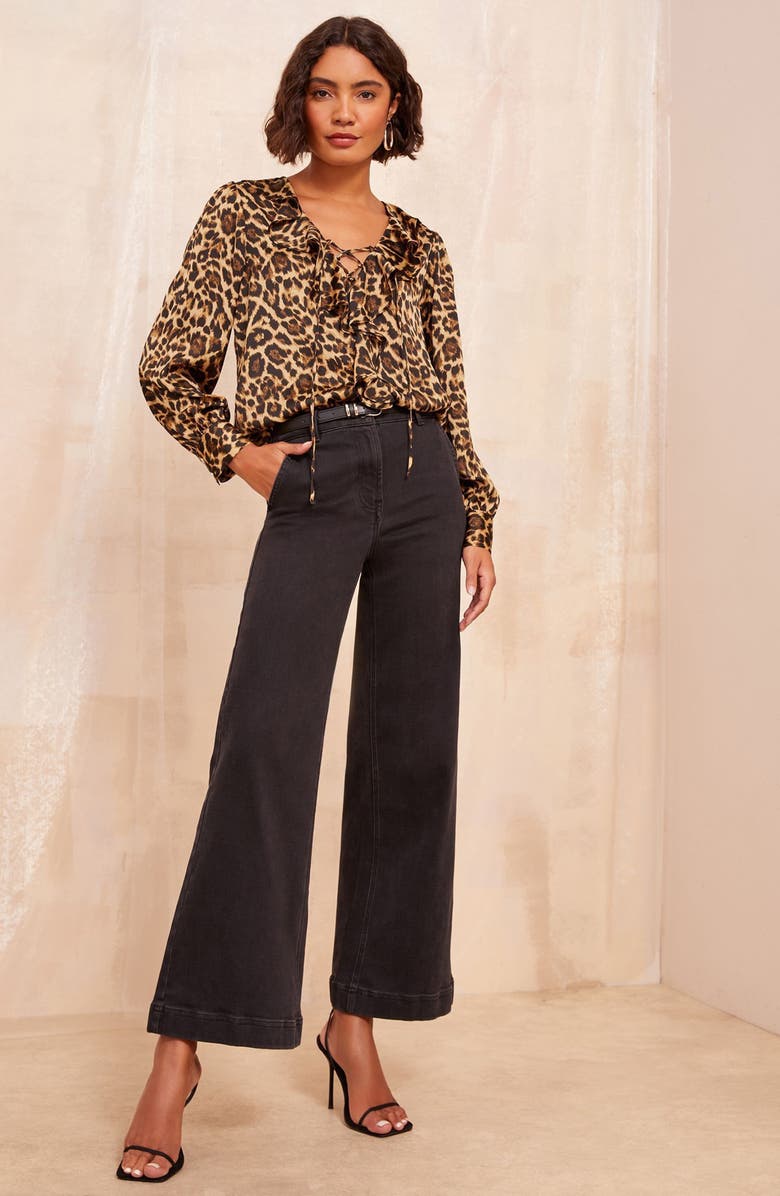 Friends Like These Leopard Print Ruffle Lace-Up Top, Alternate, color, Neutral