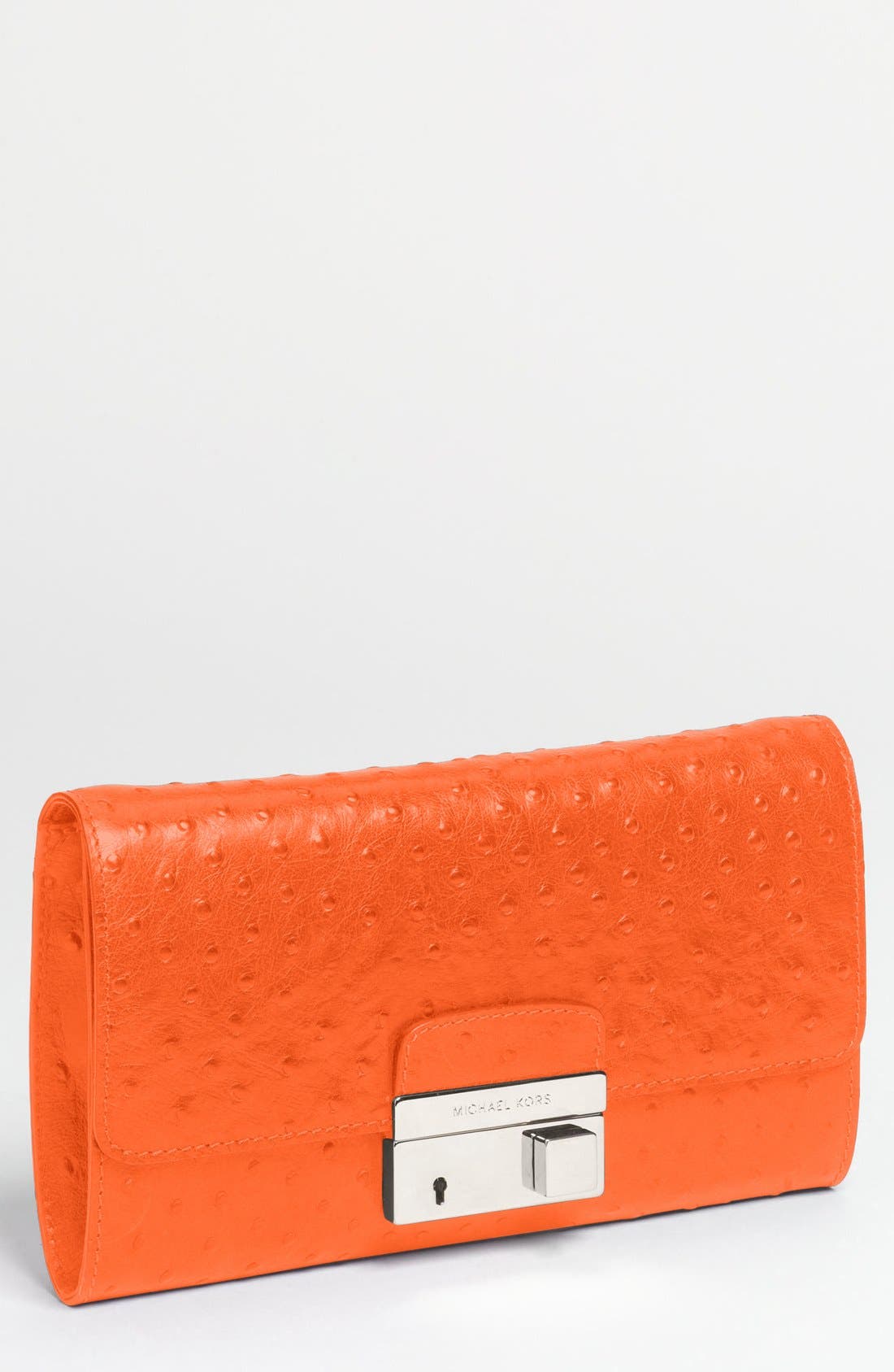 'Gia' Ostrich Embossed Leather Clutch, Main, color, NEON ORANGE