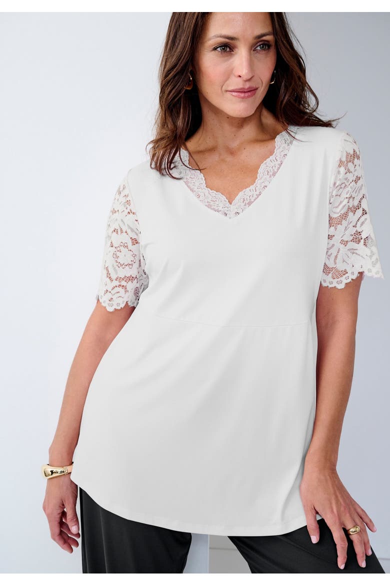 Lace Trim V Neck Top, Alternate, color, WHITE