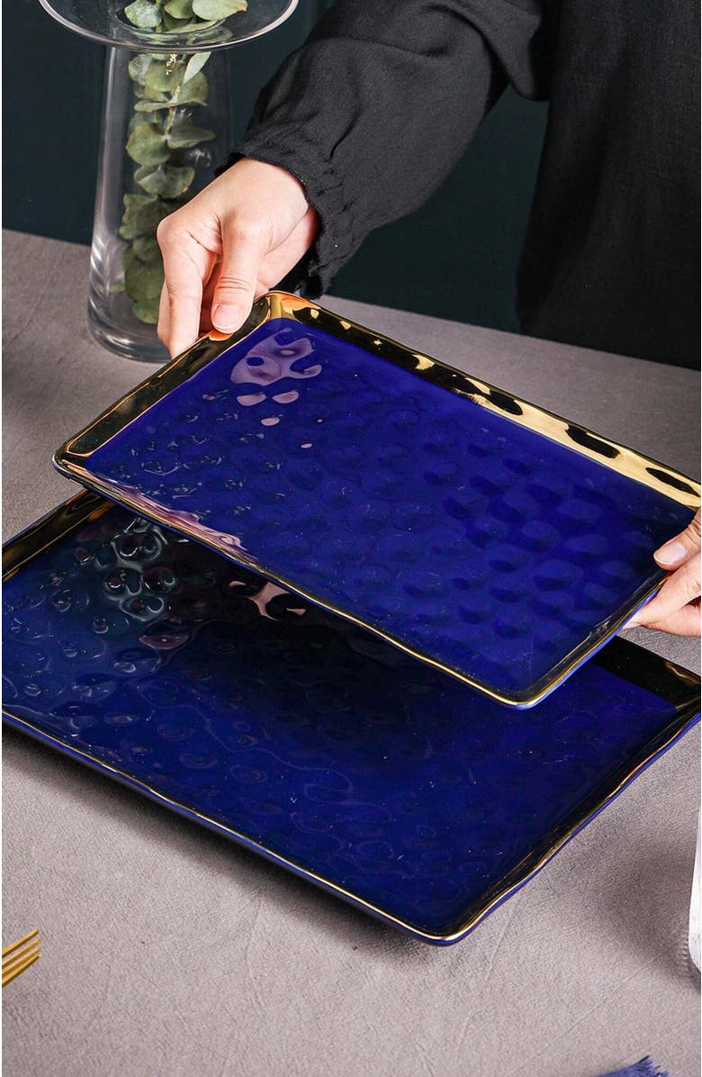 Stone Lain Florian Porcelain 2-Piece Serving Rectangular Plate Set, Alternate, color, Blue