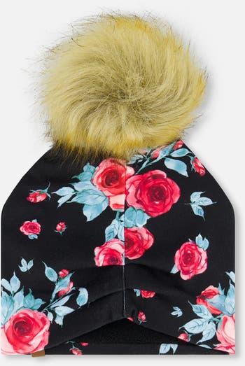 Jersey Detachable Pompom Hat Black Printed Roses Jersey Detachable Pompom Hat Black Printed Roses
