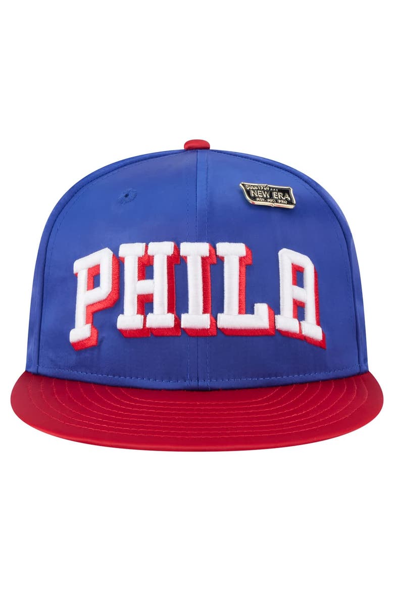 Men's New Era  Royal/Red Philadelphia 76ers Throwback Satin Vintage Pin Two-Tone 59FIFTY Fitted Hat, Alternate, color, Royal
