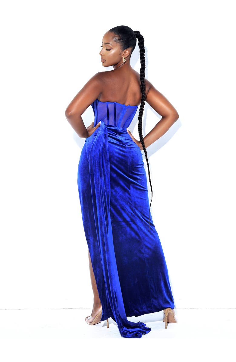 Miss Circle Priya Royal Blue Draping Corset High Slit Velvet Gown, Alternate, color, Royal Blue