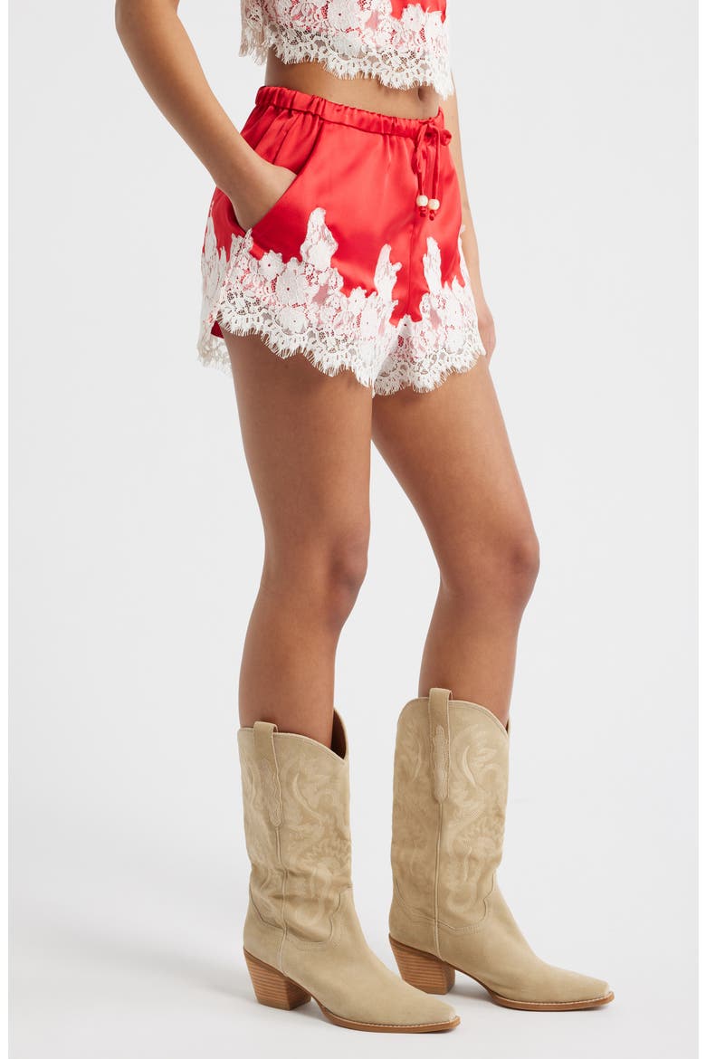 Lace Trim Satin Shorts, Alternate, color, POPPY RED