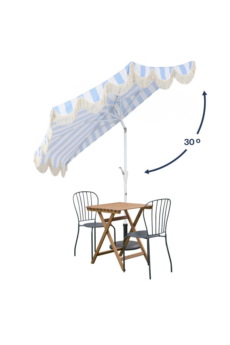 Beverly Coastal Half Patio Umbrella, Space-Saving Balcony Shade with Scalloped Fringe, Crank & Manual Tilt, Alternate, color, Light Blue/White Pole