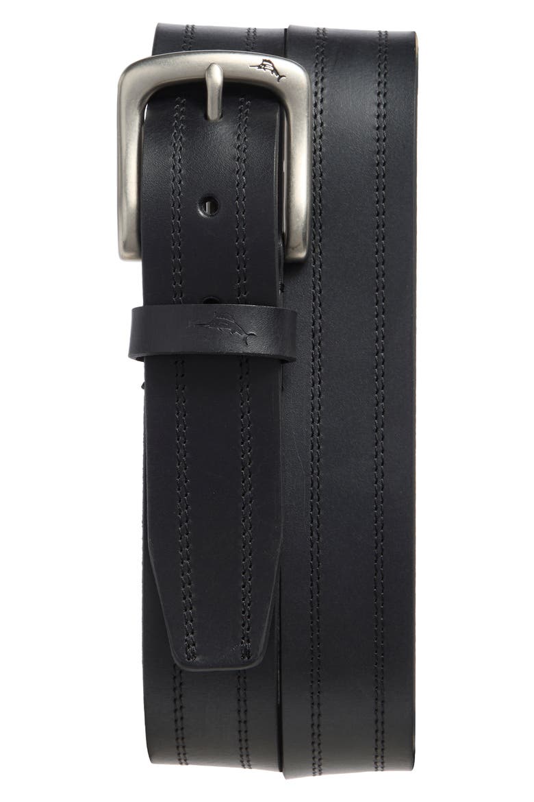 Double Stitch Leather Belt, Main, color, BLACK