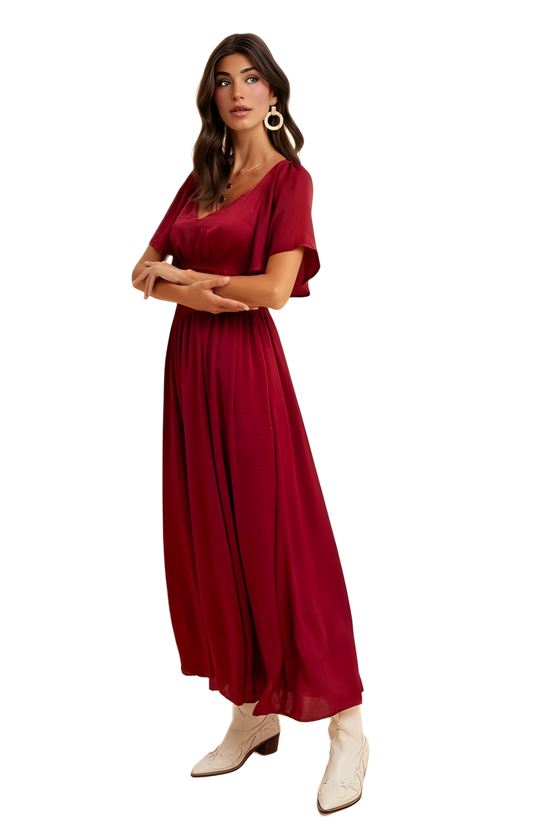 Knit and Lounge Lace Waist Flutter Sleeve Maxi Dress, Alternate, color, Burgundy