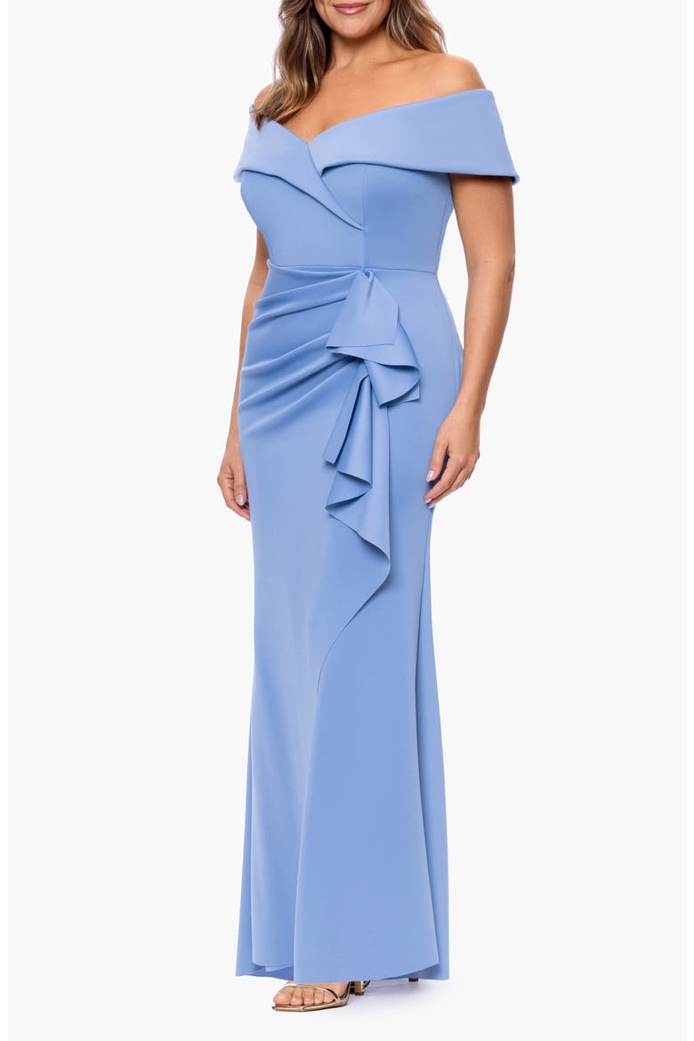 Off the Shoulder Ruffle Scuba Knit Gown, Alternate, color, SLATE