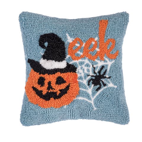 Witch Hat on Jack O' Lantern "Eek" Mini Hooked Halloween Accent Pillow 12" x 12"