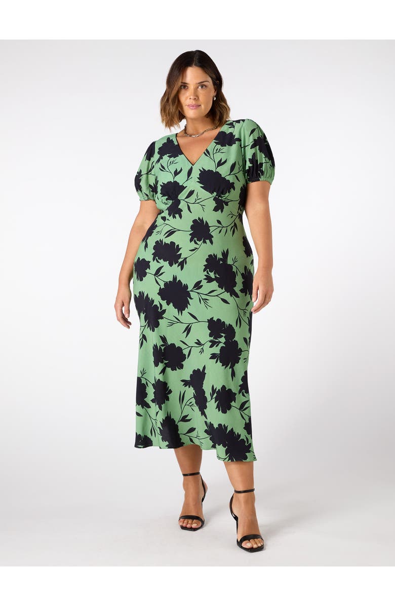 Live Unlimited Floral Print Puff Sleeve Midi Dress, Main, color, Green