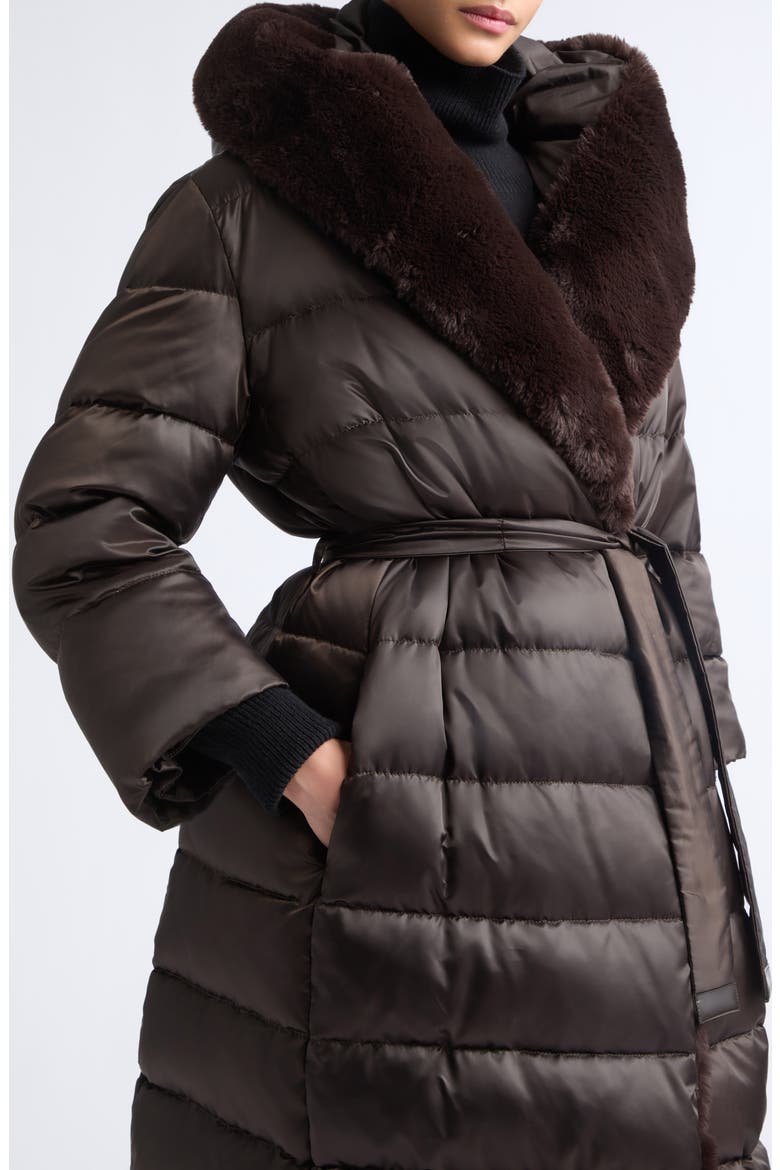 Medusa Belted Puffer Coat with Faux Fur Trim, Alternate, color, BROWN