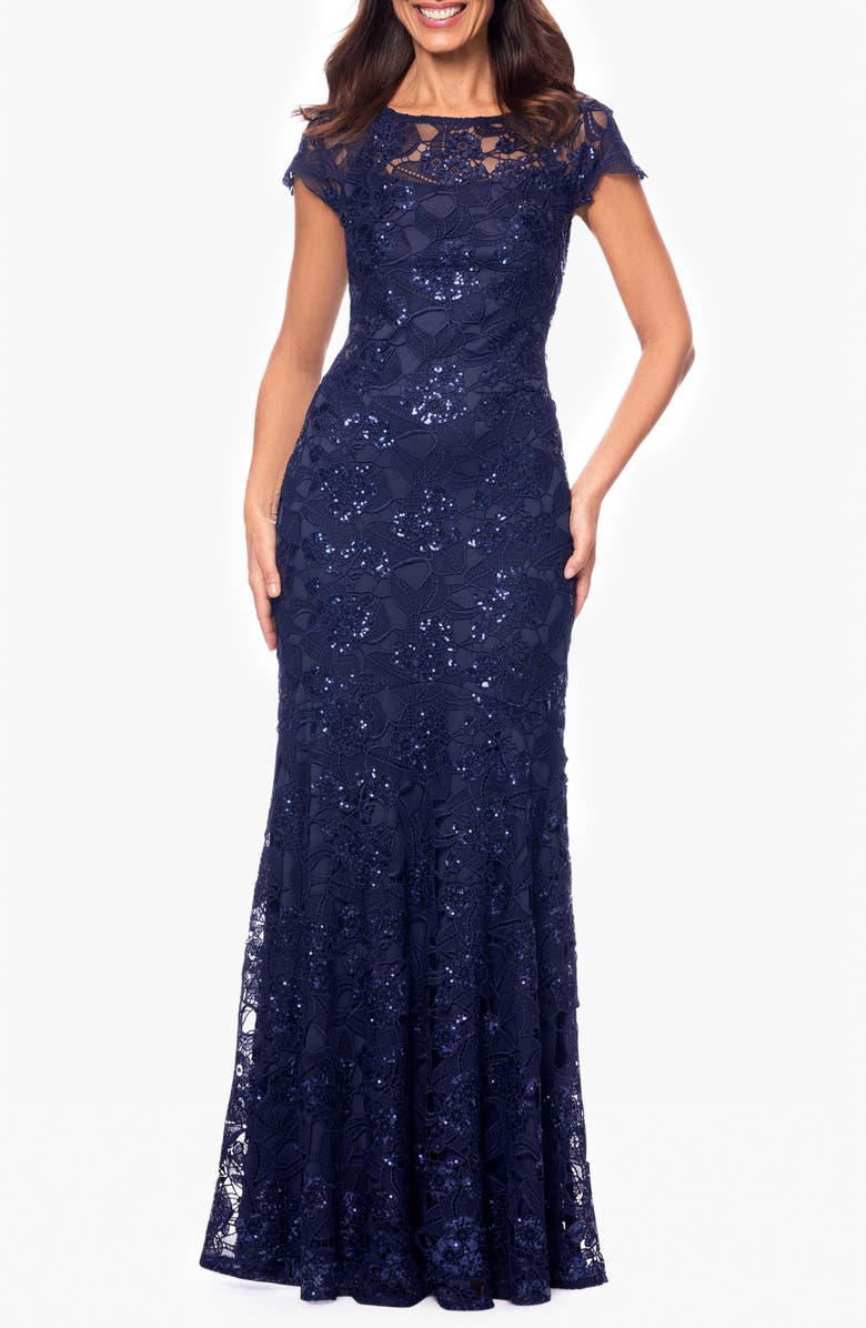 Xscape Evenings Sequin Lace Overlay Gown, Main, color, Navy