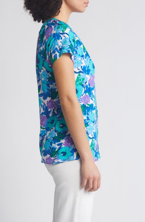 Loveappella Floral Print Keyhole Top In Blue
