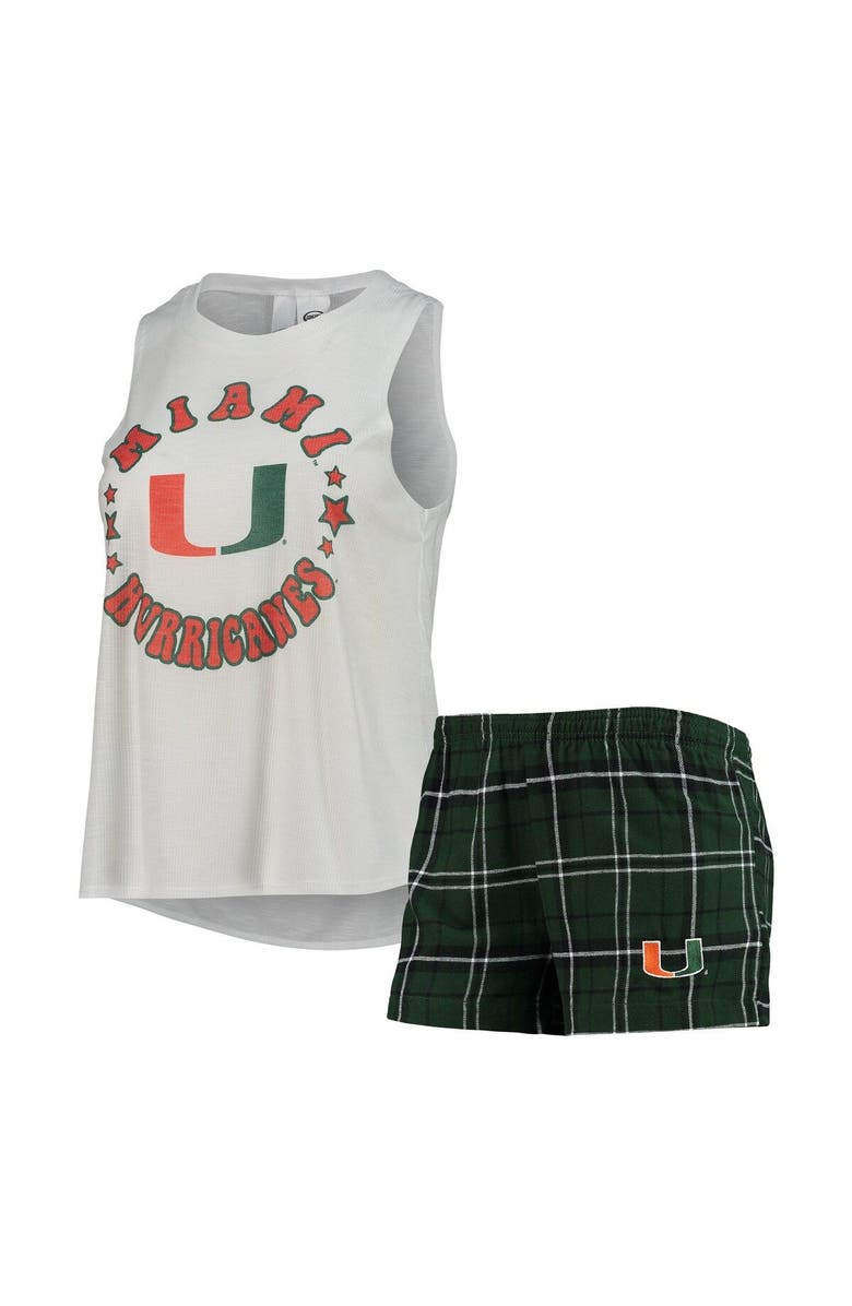 CONCEPTS SPORT Women's Concepts Sport Green/White Miami Hurricanes Ultimate Flannel Tank Top & Shorts Sleep Set, Main, color, 