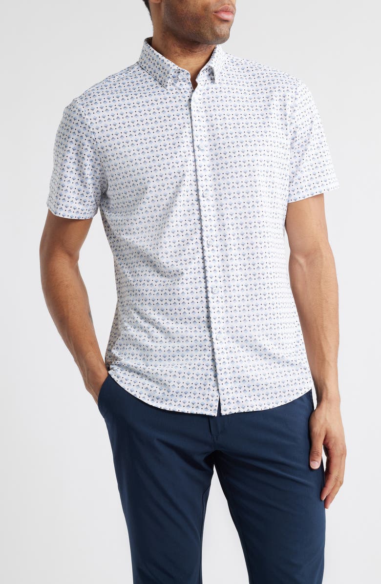 Mizzen+Main Halyard Trim Fit Geo Print Short Sleeve Button-Up Shirt, Main, color, Navy Layered Diamond