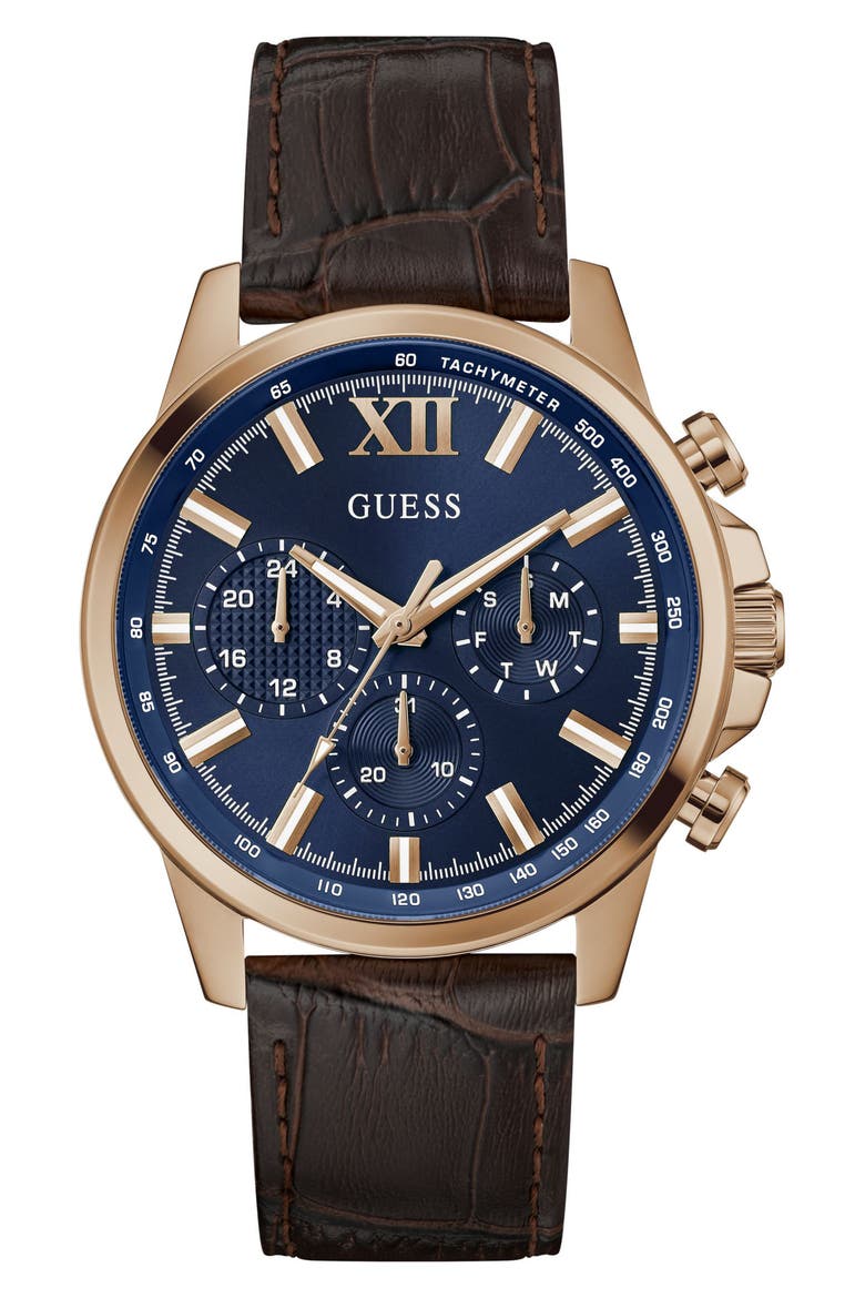 Walker Blue Dial Multifunction Leather Strap Watch, 44mm, Main, color, BROWN
