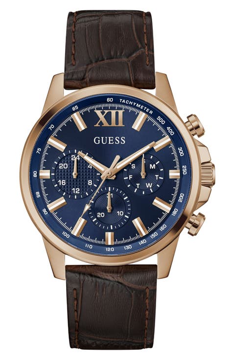 Walker Blue Dial Multifunction Leather Strap Watch, 44mm