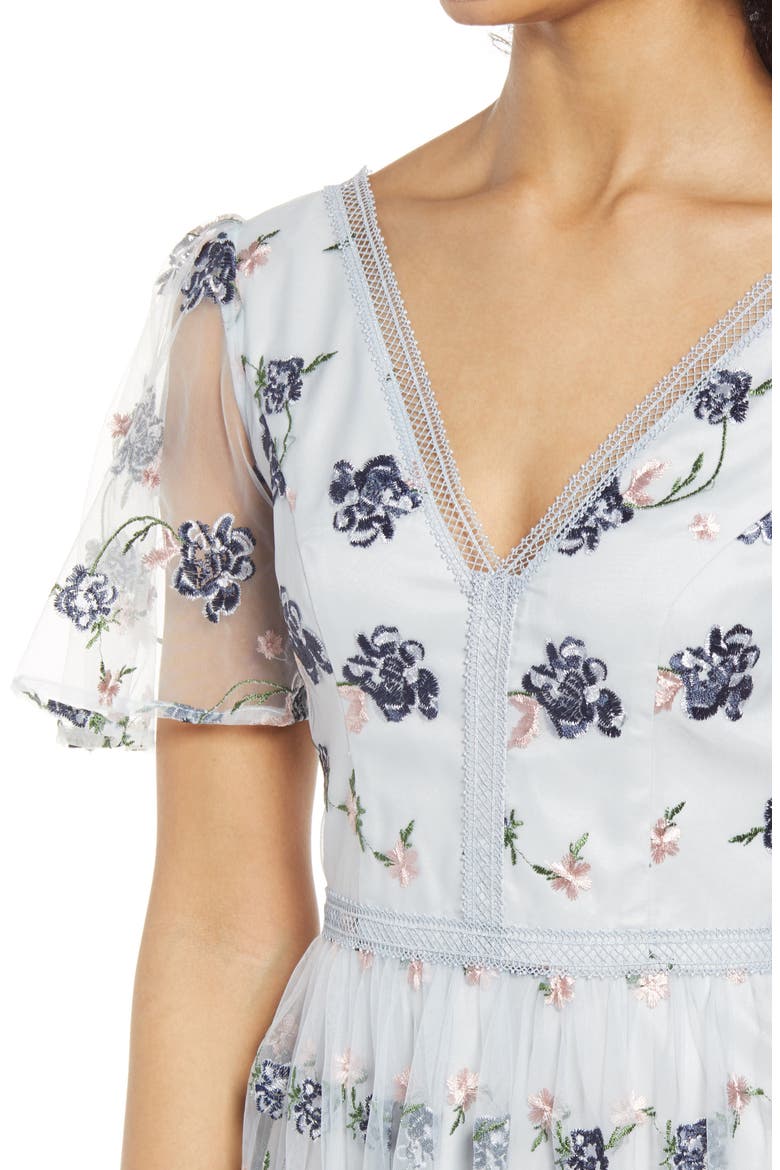 Floral Embroidered Tulle Cocktail Dress, Alternate, color, BLUE