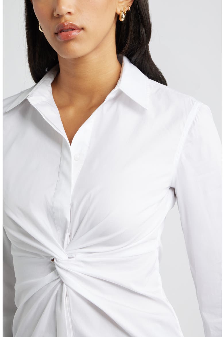 Twist Front Stretch Cotton Blend Button-Up Shirt, Alternate, color, WHITE