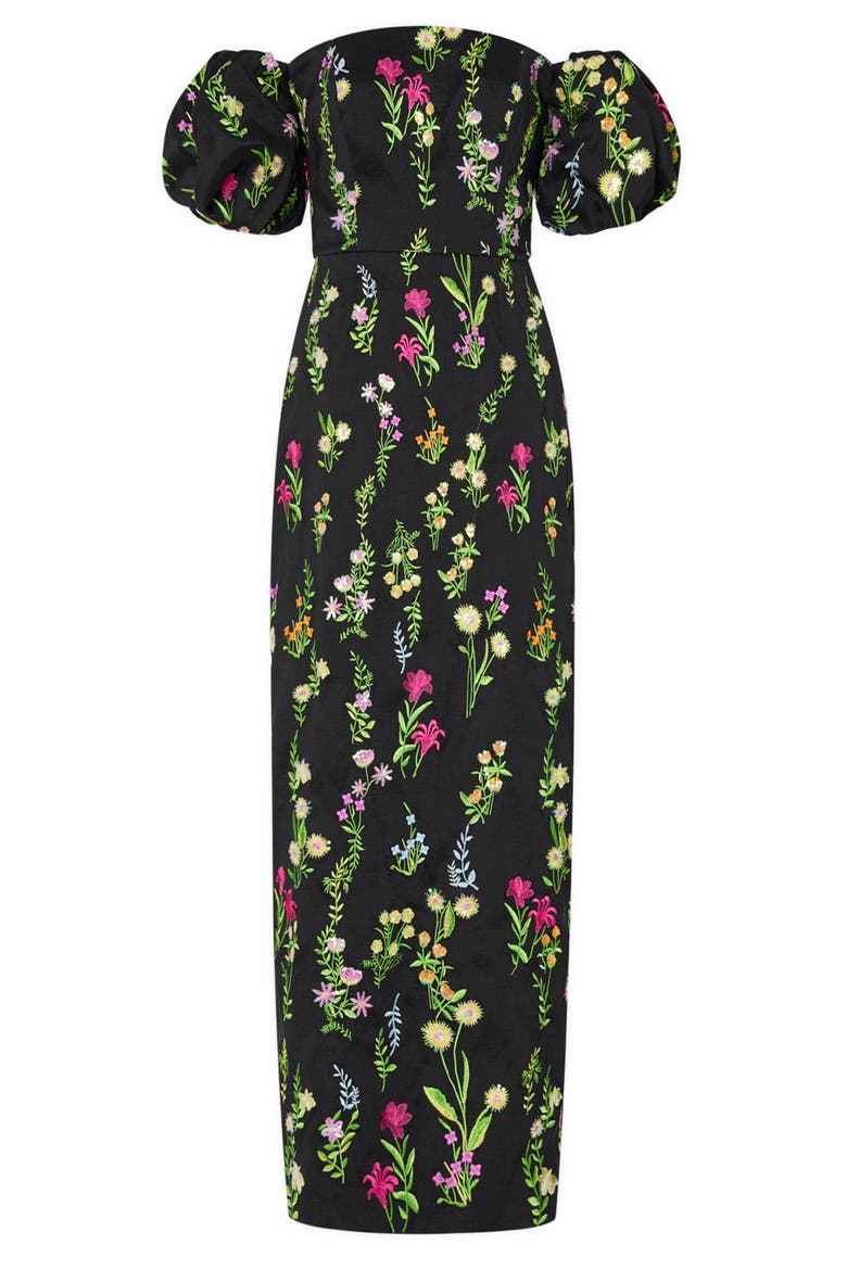 Nira Bloom Embroidered Off the Shoulder Gown, Alternate, color, BLACK MULT