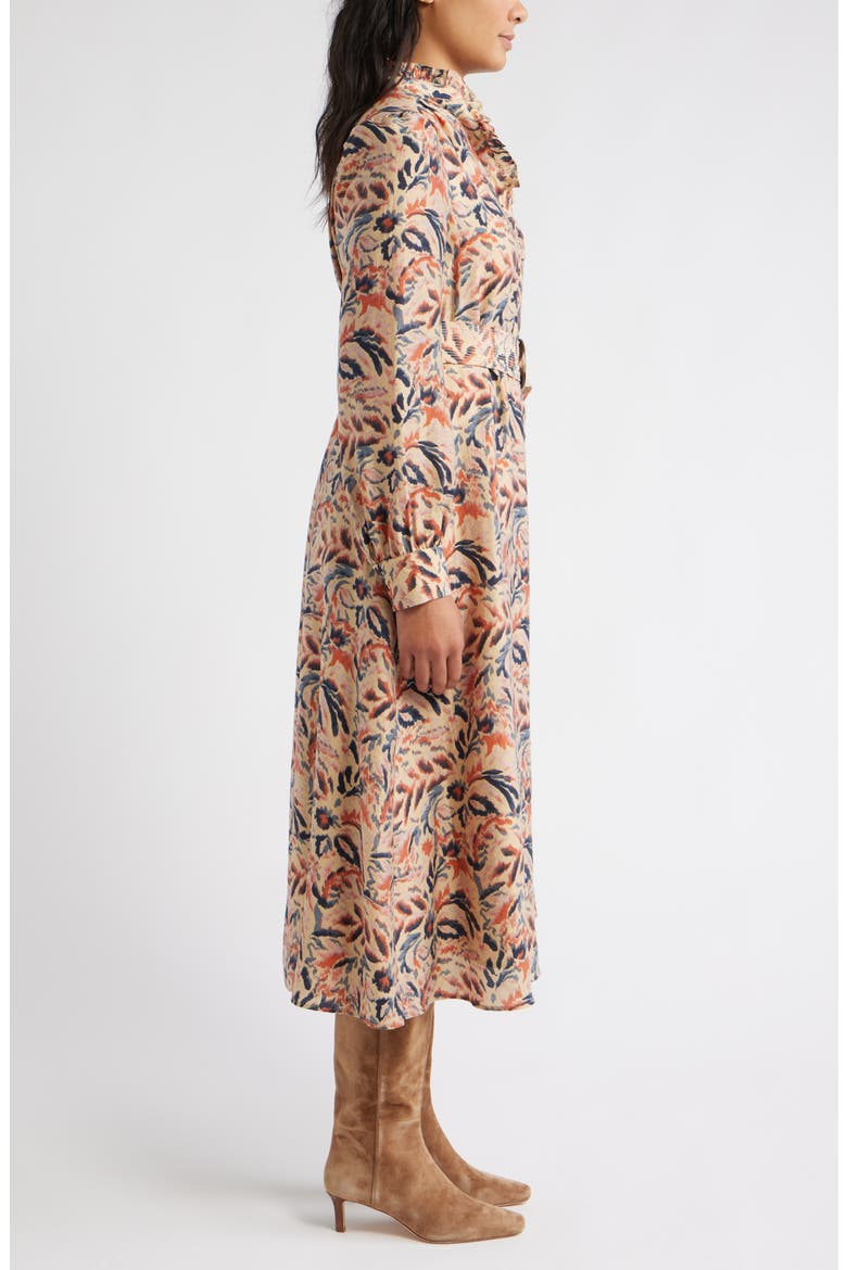 Ruffle Belted Long Sleeve Maxi Dress, Alternate, color, TAN- NAVY IKAT BLOSSOM