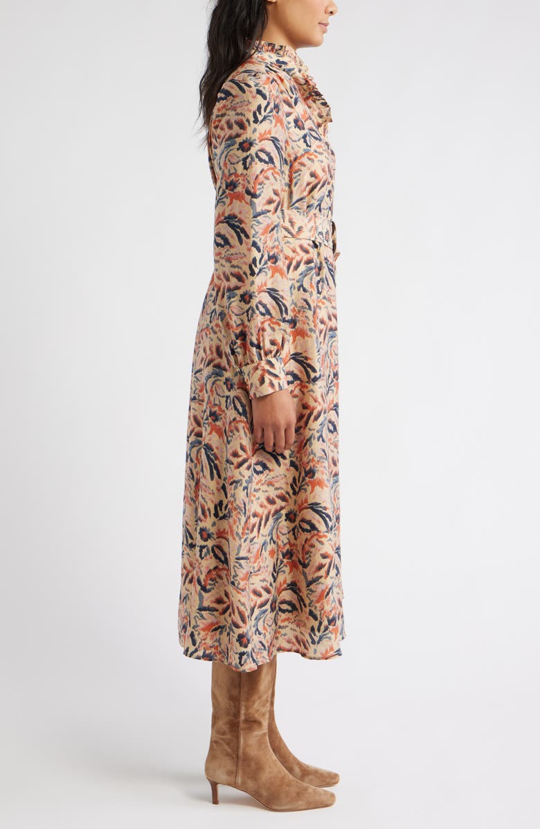 Caslon<sup>®</sup> Ruffle Belted Long Sleeve Maxi Dress, Alternate, color, Tan- Navy Ikat Blossom