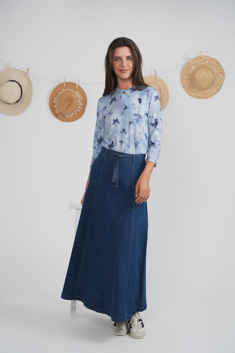 Rayon Maxi Knife Pleated Double D Ring Skirt, Alternate, color, Dark Denim