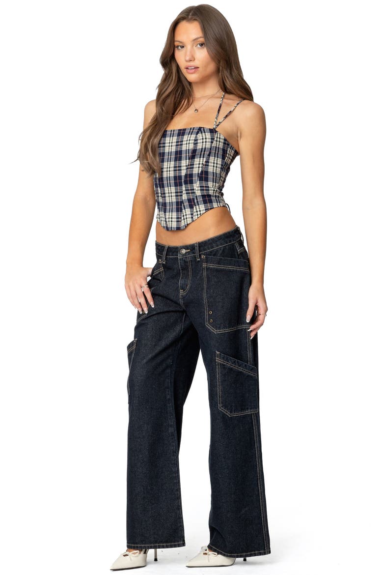 Leon Plaid Lace-Up Corset Top, Alternate, color, NAVY