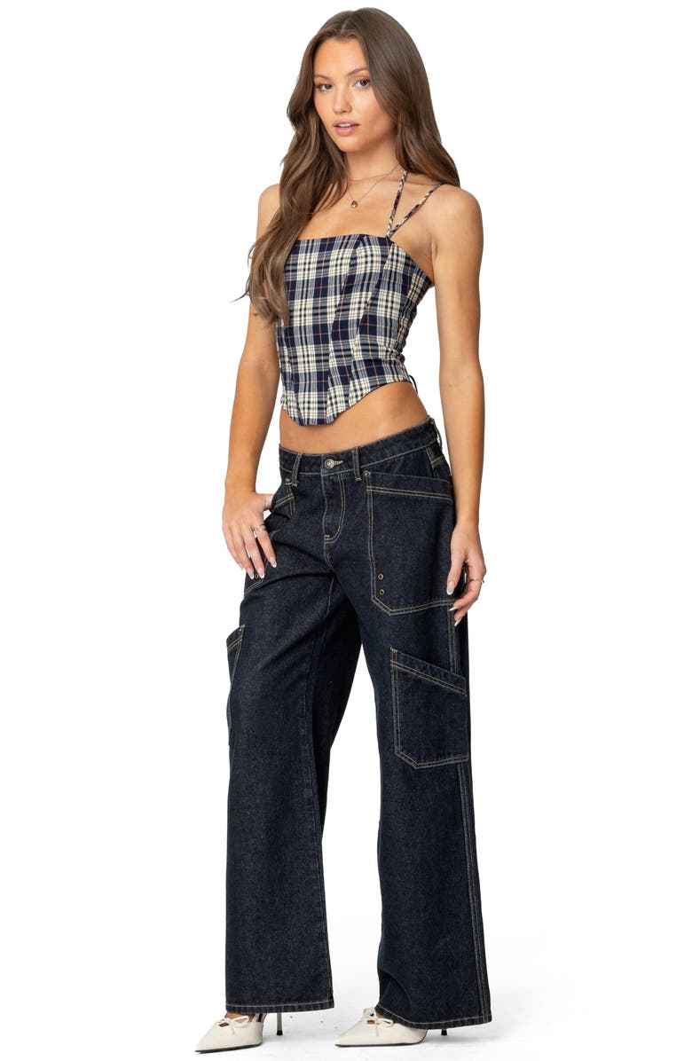 EDIKTED Leon Plaid Lace-Up Corset Top, Alternate, color, Navy